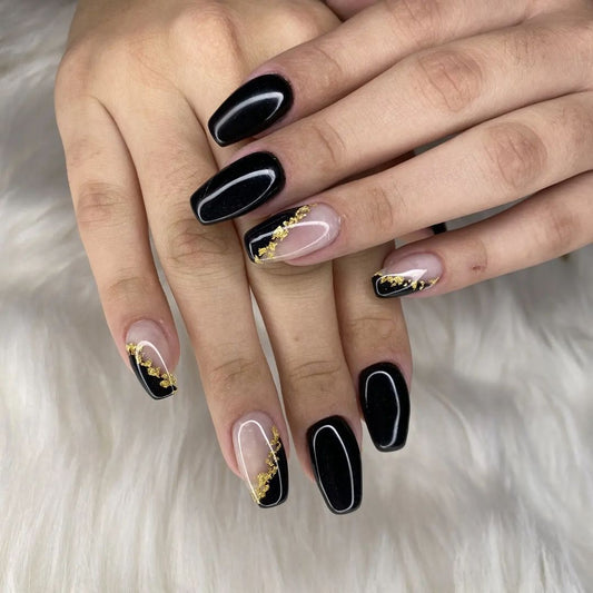 Glossy Black French Press on Fake Nails // tns429