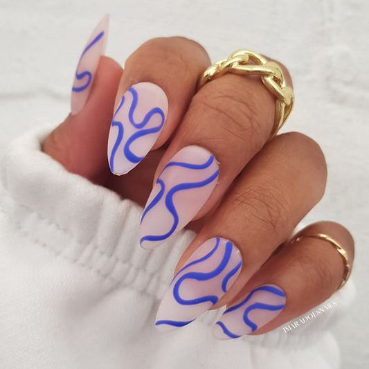 Matte Blue Swirls Press on Fake Nails // tns196