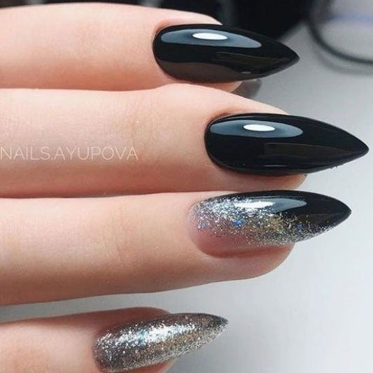 Glossy Black Silver Glitter Press on Fake Nails // tns454
