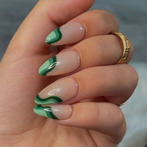 Glossy Green Swirls Press on Fake Nails // tns211