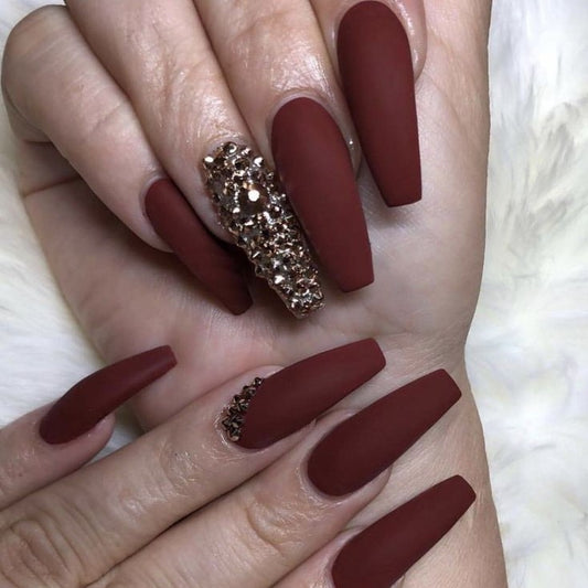 Matte Dark Maroon Studded Press on Fake Nails // tns212