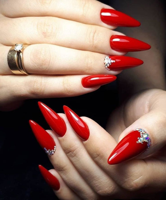 Glossy Red Studded Press on Fake Nails // tns207
