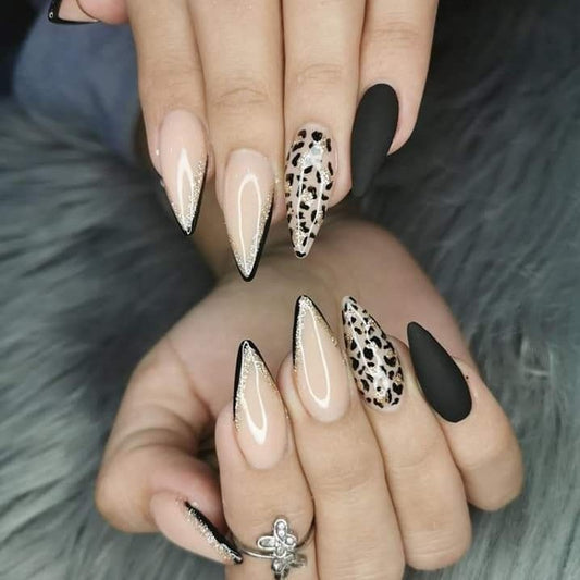 Glossy Black French Animal Print Press on Fake Nails // tns217