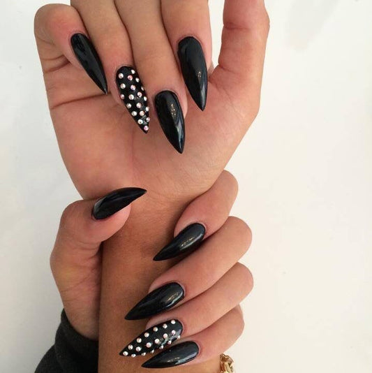Glossy Black Studded Press on Fake Nails // tns216