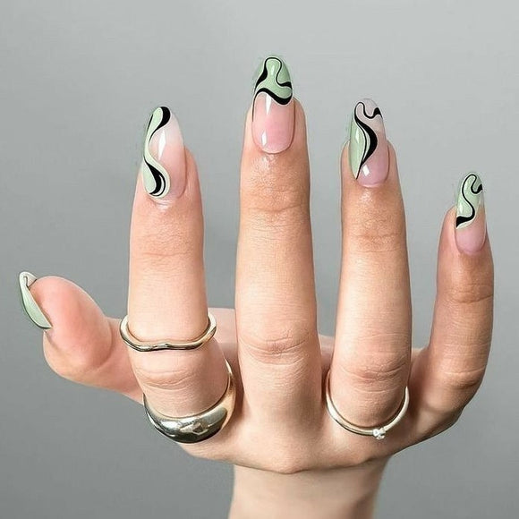 Glossy Green Swirls Press on Fake Nails // tns472