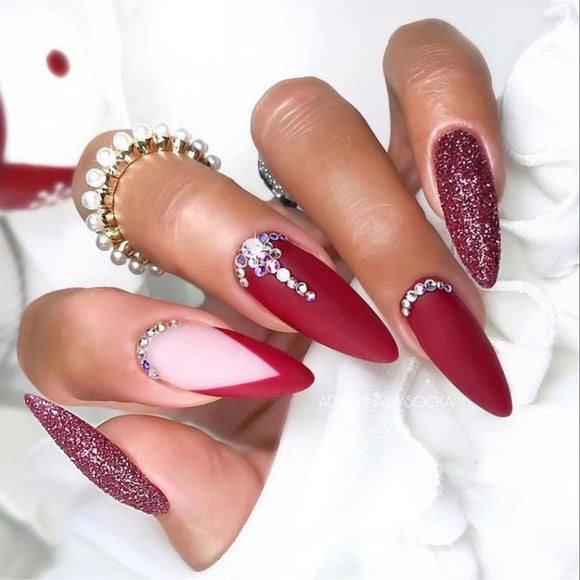 Matte Maroon French Studded Press on Fake Nails // tns221