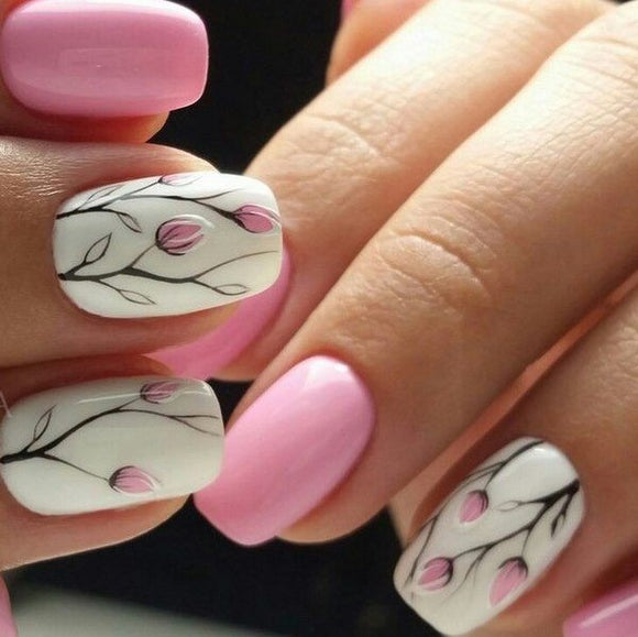 Glossy Pink Floral Press on Fake Nails // tns227