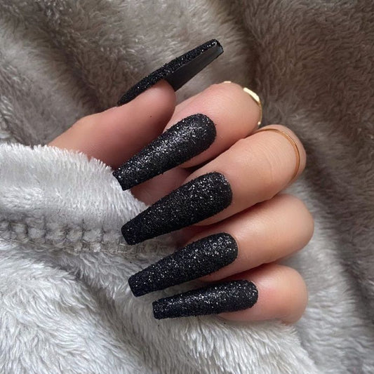 Glossy Black Glitter Press on Fake Nails // tns230