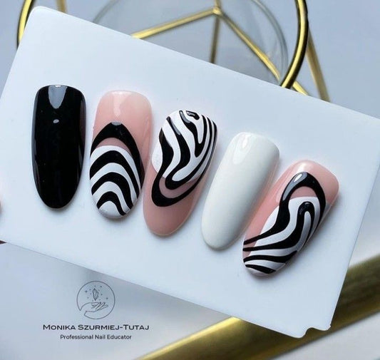 Glossy Black and White Swirls Press on Fake Nails // tns468