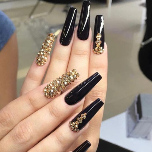 Glossy Black Studded Press on Fake Nails // tns228