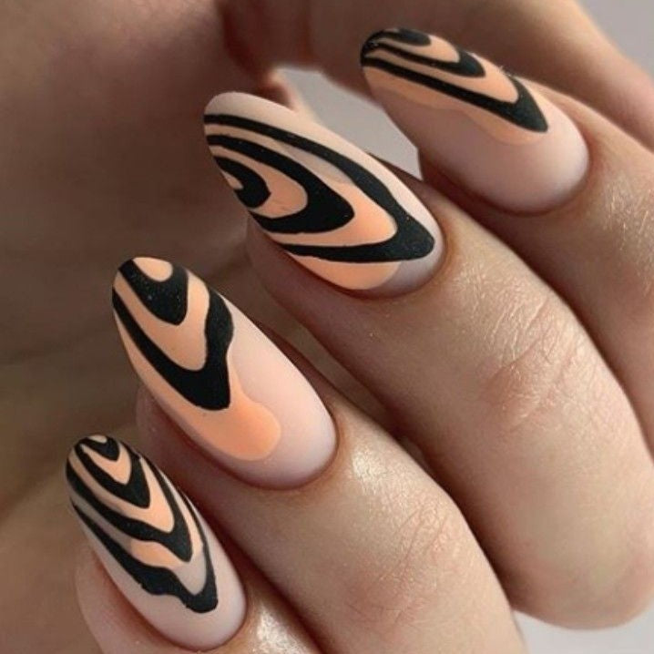 Matte Orange Swirls Press on Fake Nails // tns478