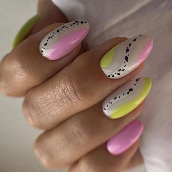 Glossy Pink and Yellow Swirls Press on Fake Nails // tns438