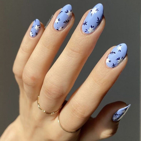 Glossy Light Blue Floral Press on Fake Nails // tns257