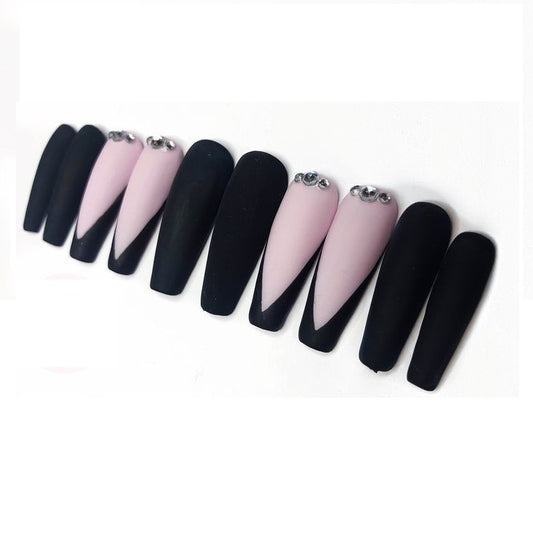 Matte Black French Studded Press on Fake Nails // tns432