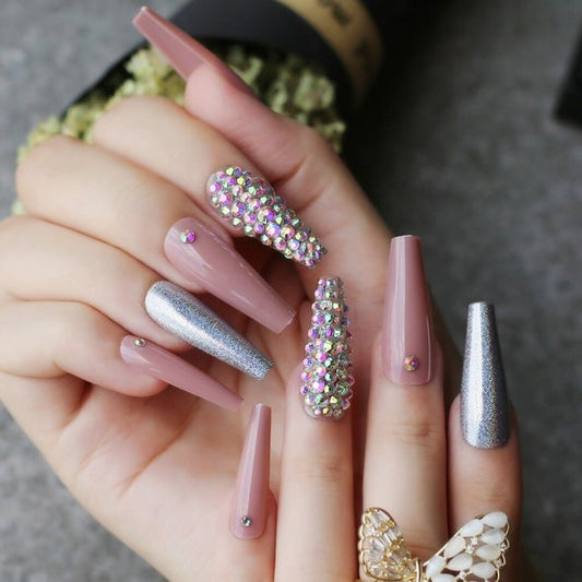 Glossy Nude Studded Press on Fake Nails // tns239