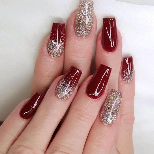 Glossy Maroon Glitter Ombre Press on Fake Nails // tns104