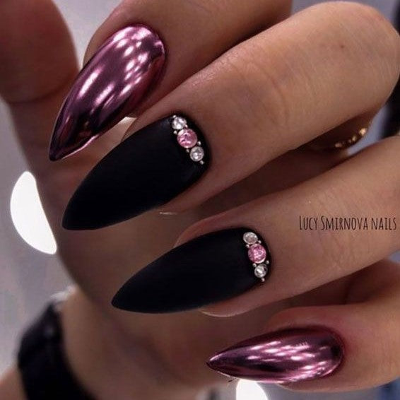 Pink Chrome Black Studded Press on Fake Nails // tns105