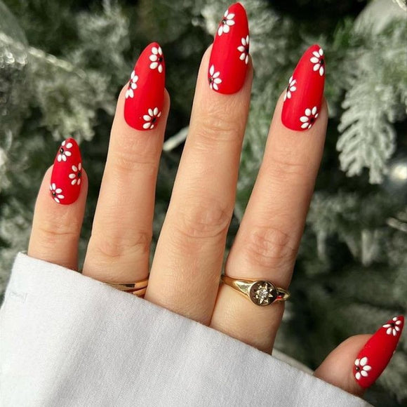 Matte Red Floral Press on Fake Nails // tns113