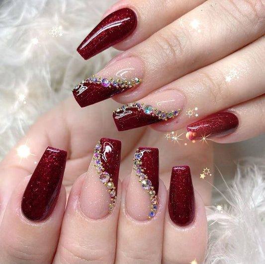Glossy Maroon Studded French Press on Fake Nails // tns119