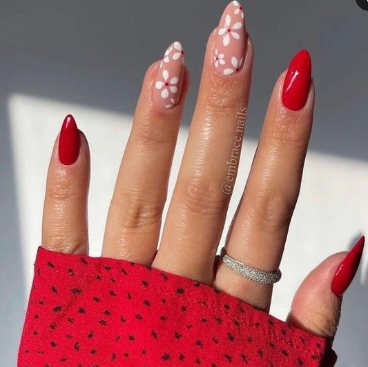Glossy Red Nude Floral Press on Fake Nails // tns121