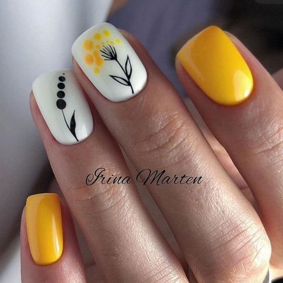 Glossy Yellow Floral Press on Fake Nails // tns128