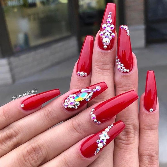 Glossy Red Studded Press on Fake Nails // tns131