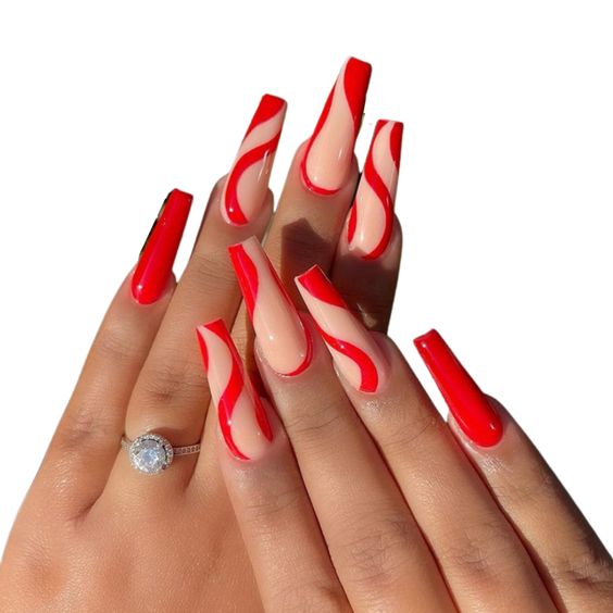 Glossy Red Swirls Press on Fake Nails // tns134