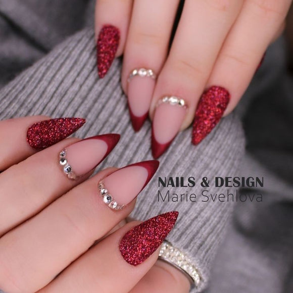 Matte Red Glitter Studded French Press on Fake Nails // tns137