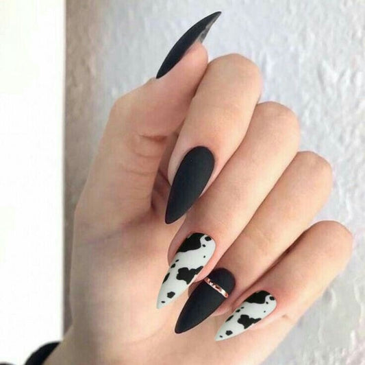 Matte Black Cow Print Press on Fake Nails // tns139