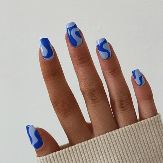 Glossy Blue Swirls Press on Fake Nails // tns147
