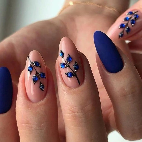 Matte Blue Floral Press on Fake Nails // tns149