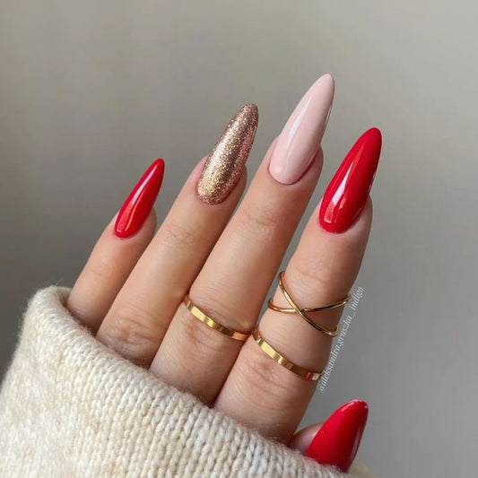 Glossy  Red Glitter Press on Fake Nails // tns151