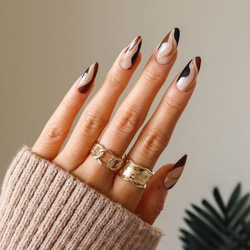 Glossy Brown Swirls Press on Fake Nails // tns154