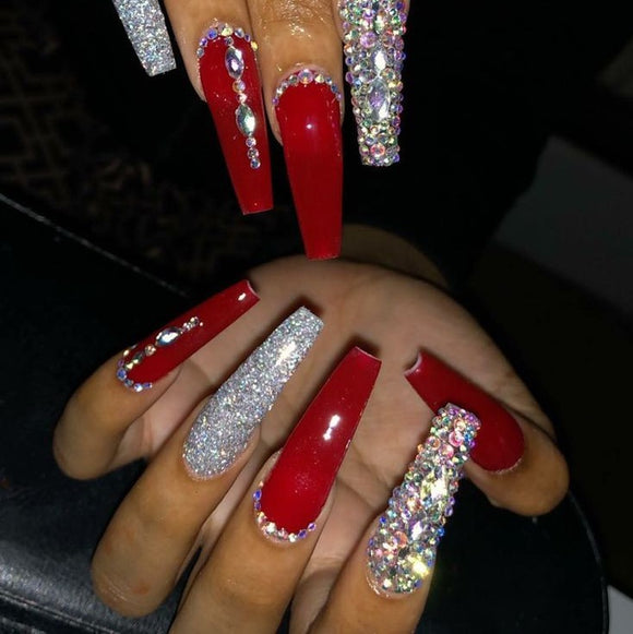 Glossy Red Studded Press on Fake Nails // tns155