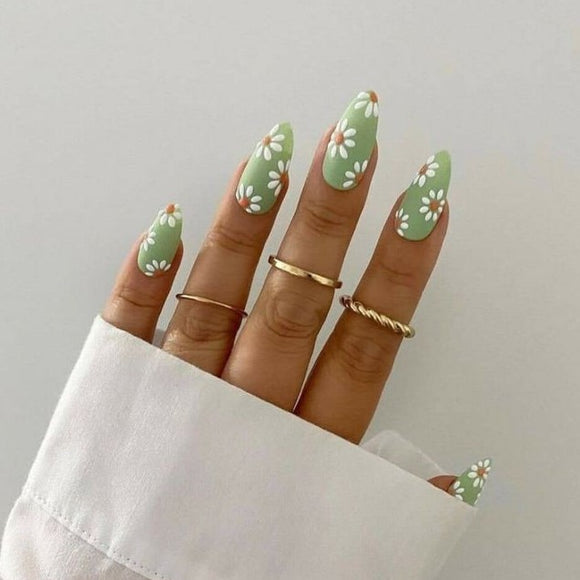 Glossy Green Floral Press on Fake Nails // tns156