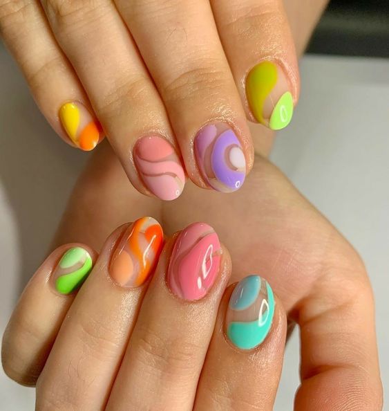 Glossy Colorful Swirls Press on Fake Nails // tns157